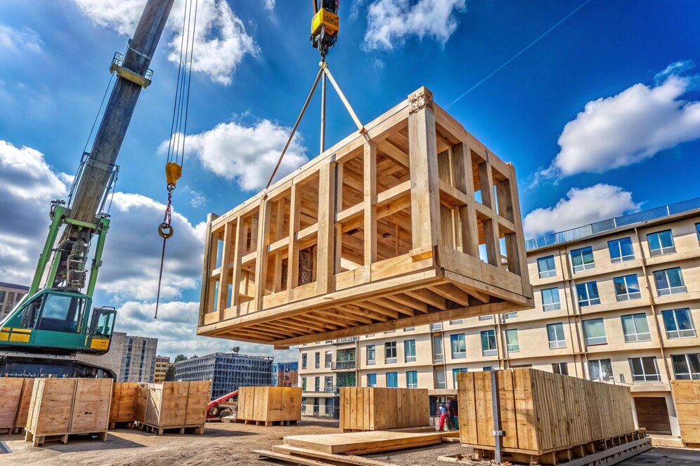 crane lifting wooden building module its position structure construction site office building berlin new structure will be built modular timber construction_1033579 186244 1